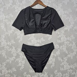 SHEIN Swimsuit Two Piece Women's 0XL Short Sleeve High Cut Bikini‎ Set Black NWT